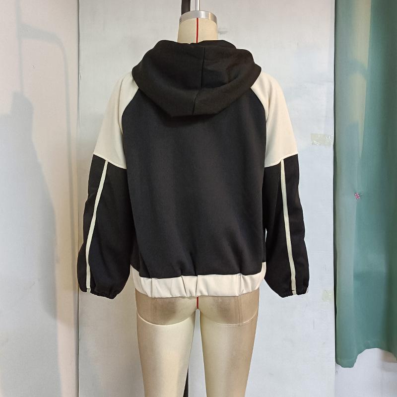 Autumn Women's Clashing Color Splicing Loose Hooded Zipper Jacket