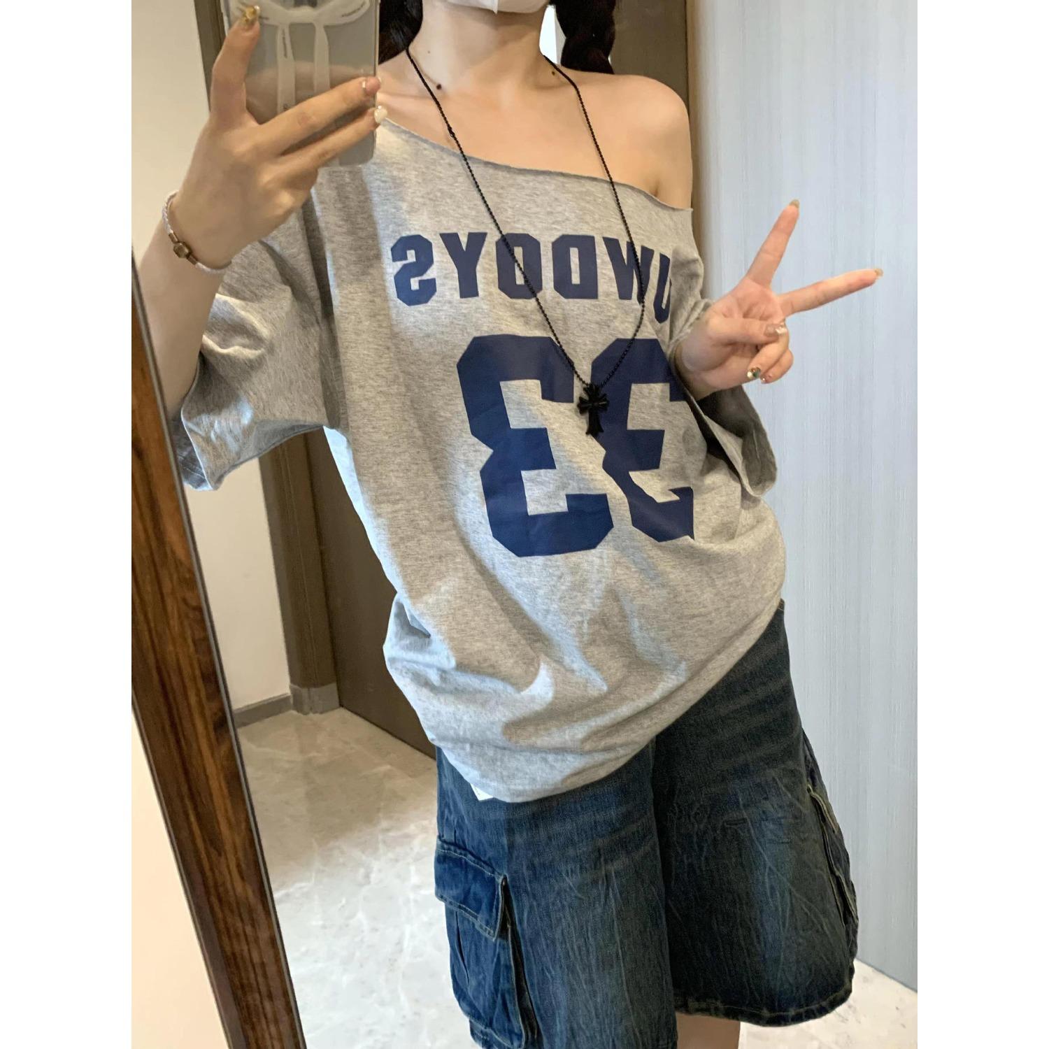 Women s Off Shoulder Short Sleeve T Shirt Letter Print Loose Fit Tee Summer Casual Streetwear S