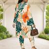Women Plus Size Tropical Printed Three Piece Set Long Sleeve Open Front Cardigan Strappy Top Long Pants