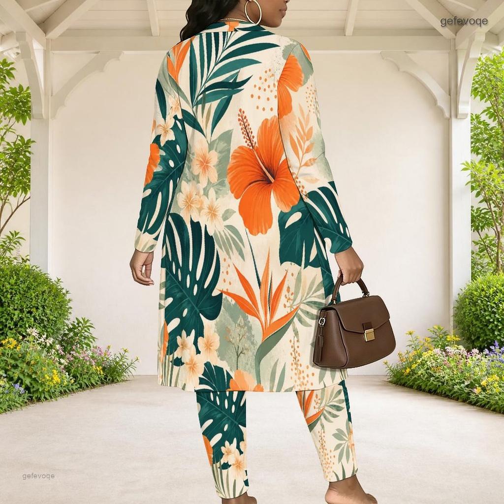 Women Plus Size Tropical Printed Three Piece Set Long Sleeve Open Front Cardigan Strappy Top Long Pants