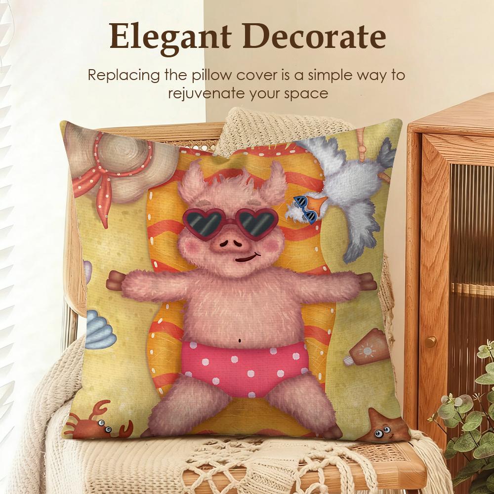 Cuscino Decorativo Amici Maialini Carini Divertenti Copricuscino Lino Naturale Tessuto Biologico Stampa Double Face Divano Arredamento Casa Cuscino Regalo