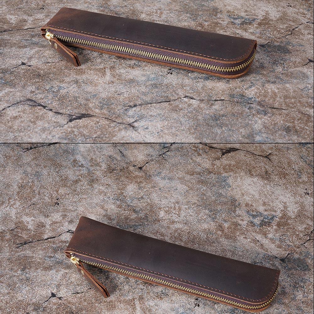 Zipper Pen Protective Bag Handmade Pen Sleeve Pouch Retro Leather Pen Bag Stationery School