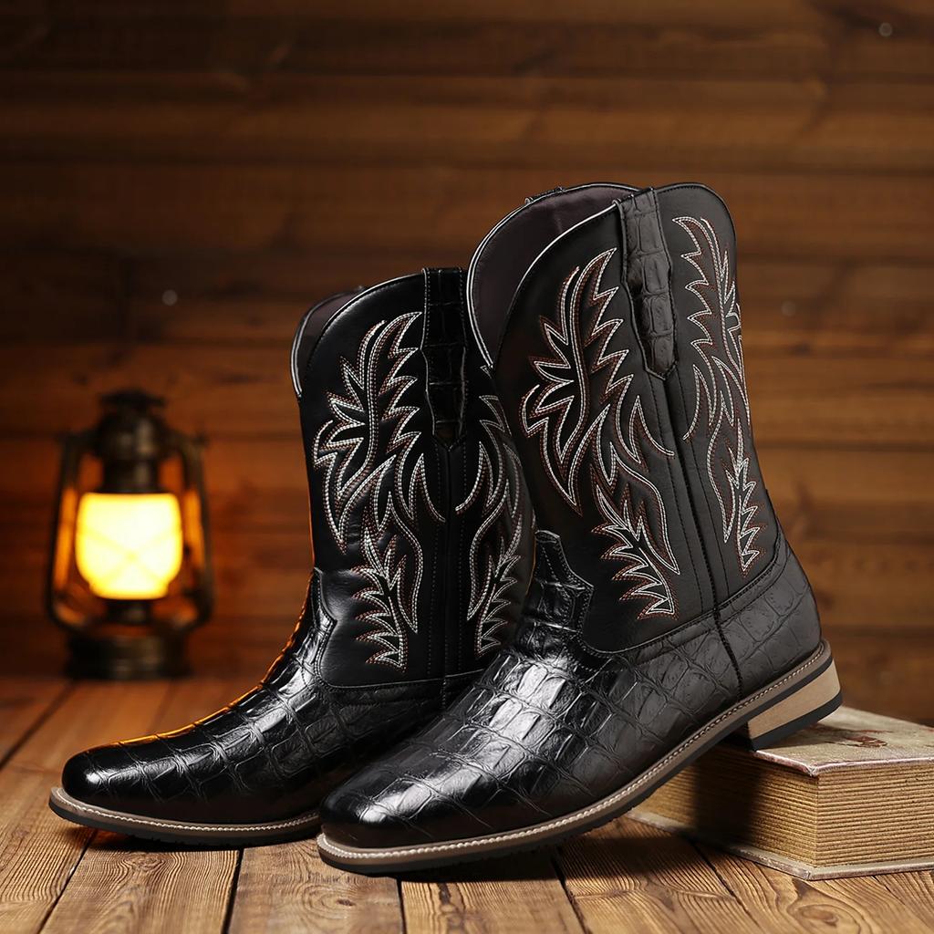 Mens Boots Cowboy Boots Imitation Crocodile Pattern High Tube Embroidered Retro Wide Head Western Cowboy Boots Mens Shoes