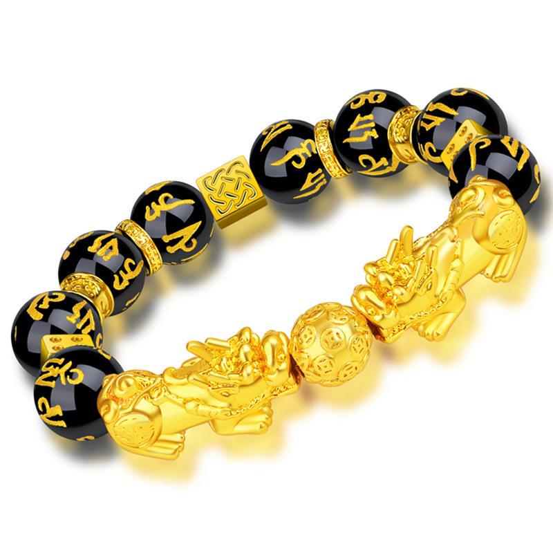 Pixiu Obsidian Buddhist Mantra Bracelet - Vietnamese Sand Gold Style