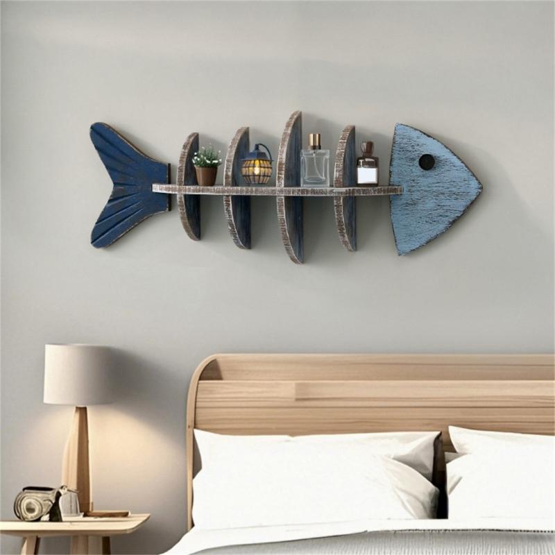 Farmhouses Blue Wood Fish Wall Art Hanging Shelf With Antique Finish For Lake House Study Bathroom Storage Organizers