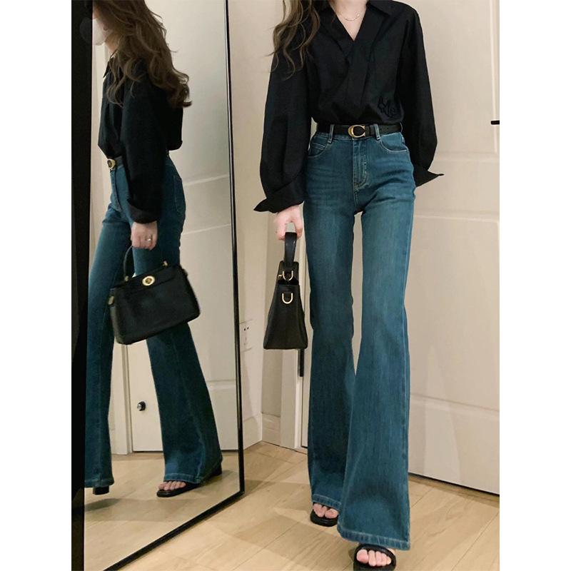 Hong Kong Retro High-Waisted Skinny Flare Jeans - Women's Spring Elastic Fit Straight Legs