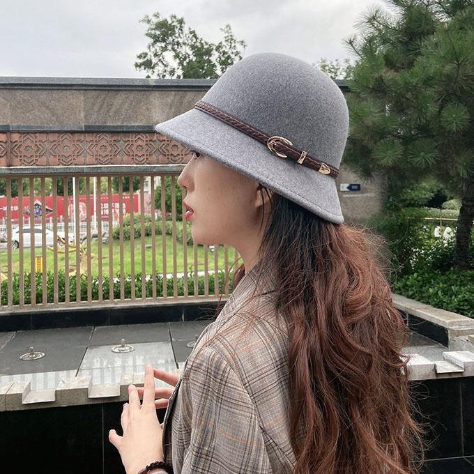 Autumn and Winter Woolen Hat Children European, American and British Retro Leather Buckle Top Hat Wool Basin Hat Bucket Hat