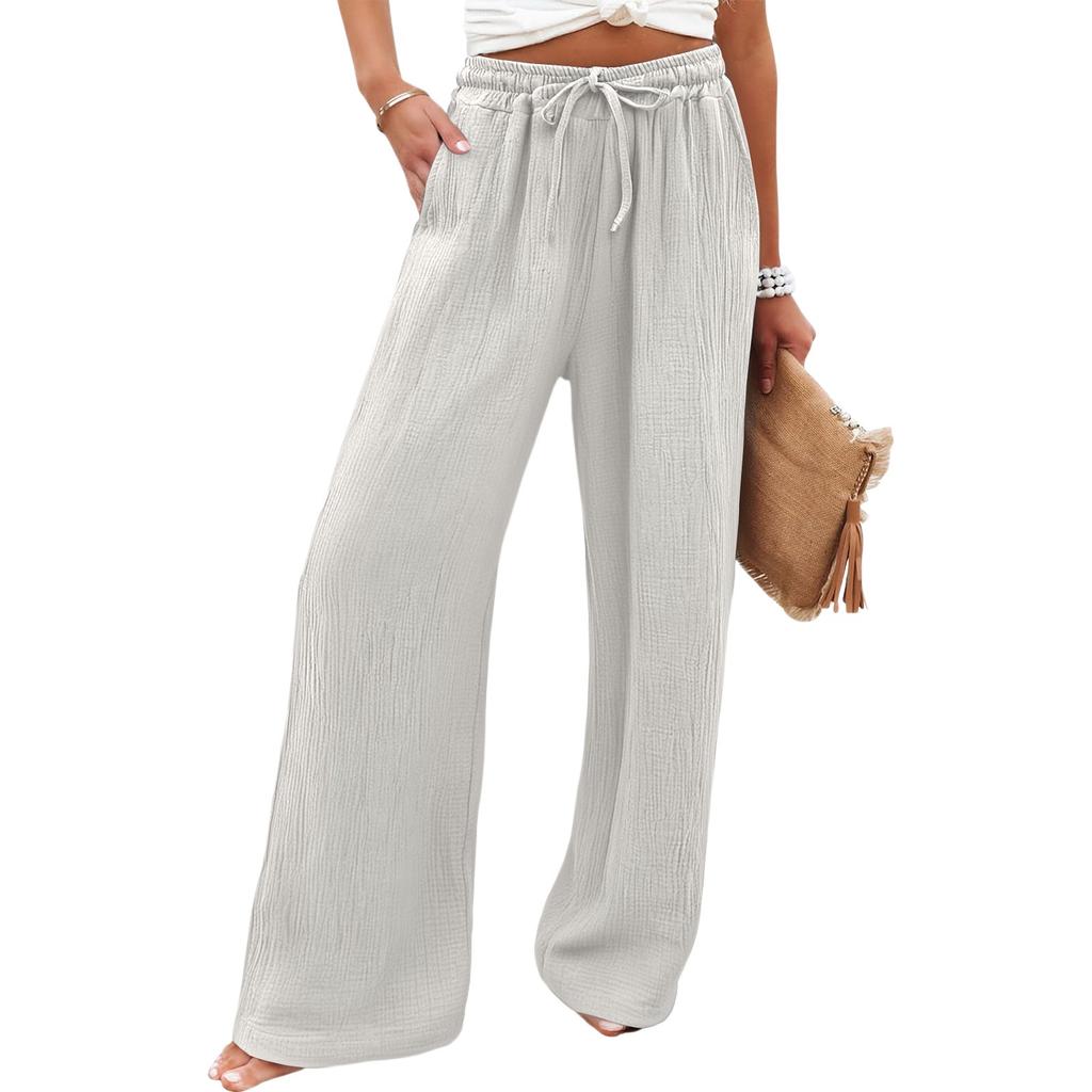 Women's Wide Leg Pants Elastic High Waist Drawstring Pants Flowy Summer Beach Palazzo Pants Casual Trousers