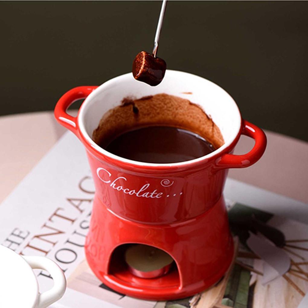 New 300ml Chocolate Fondue Mug with Fork Set Ceramic Butter Warmer Hot Chocolate Melting Cup for Candy Dessert Butter Heater