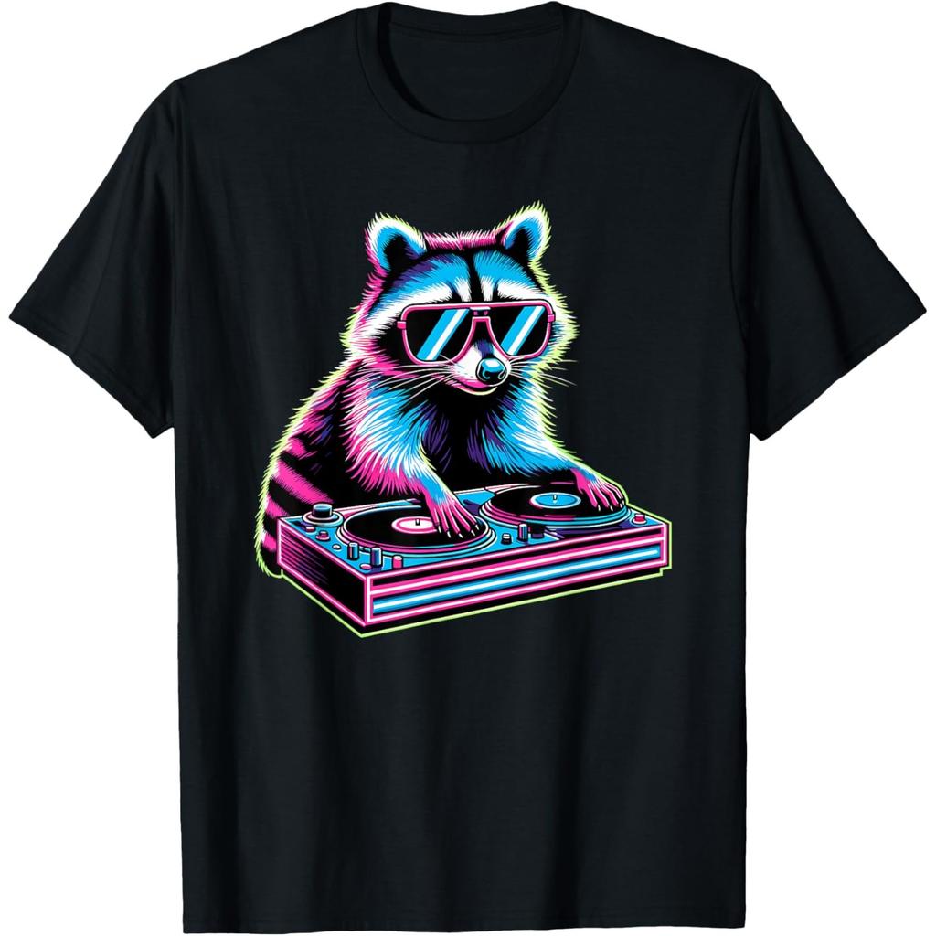 Neon Raccoon DJ Graphic Tee Retro Animal Music Festival Streetwear T-Shirt for Men