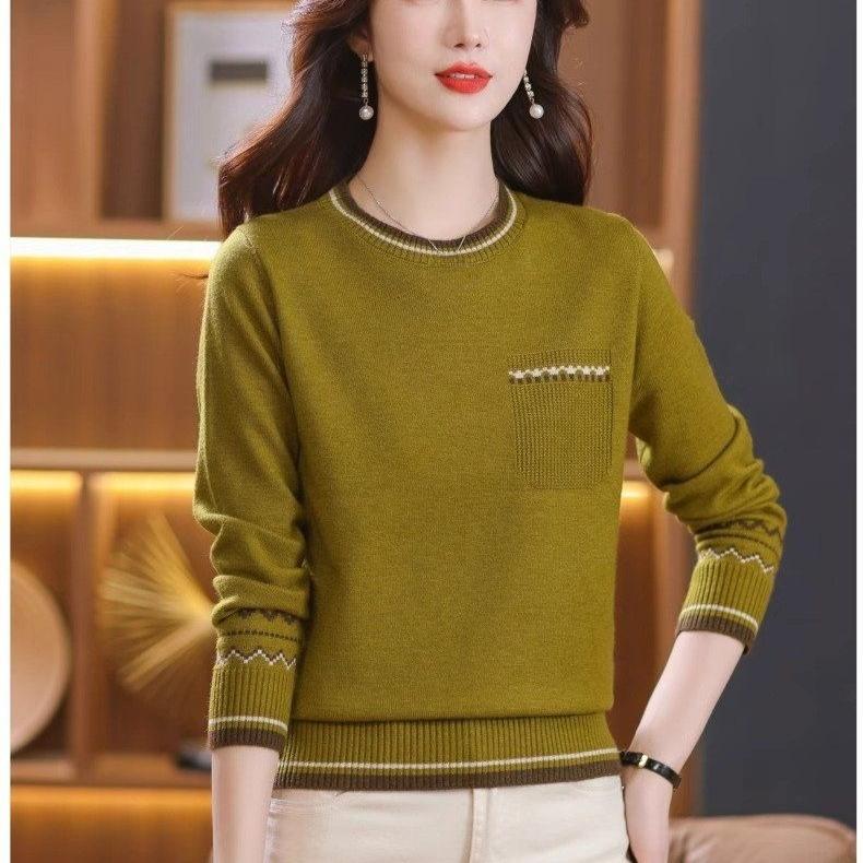Color-blocked Round-neck Knitted Sweater for Women In Winter Casual Long-sleeved Sweater and Fashionable Loose Pullover