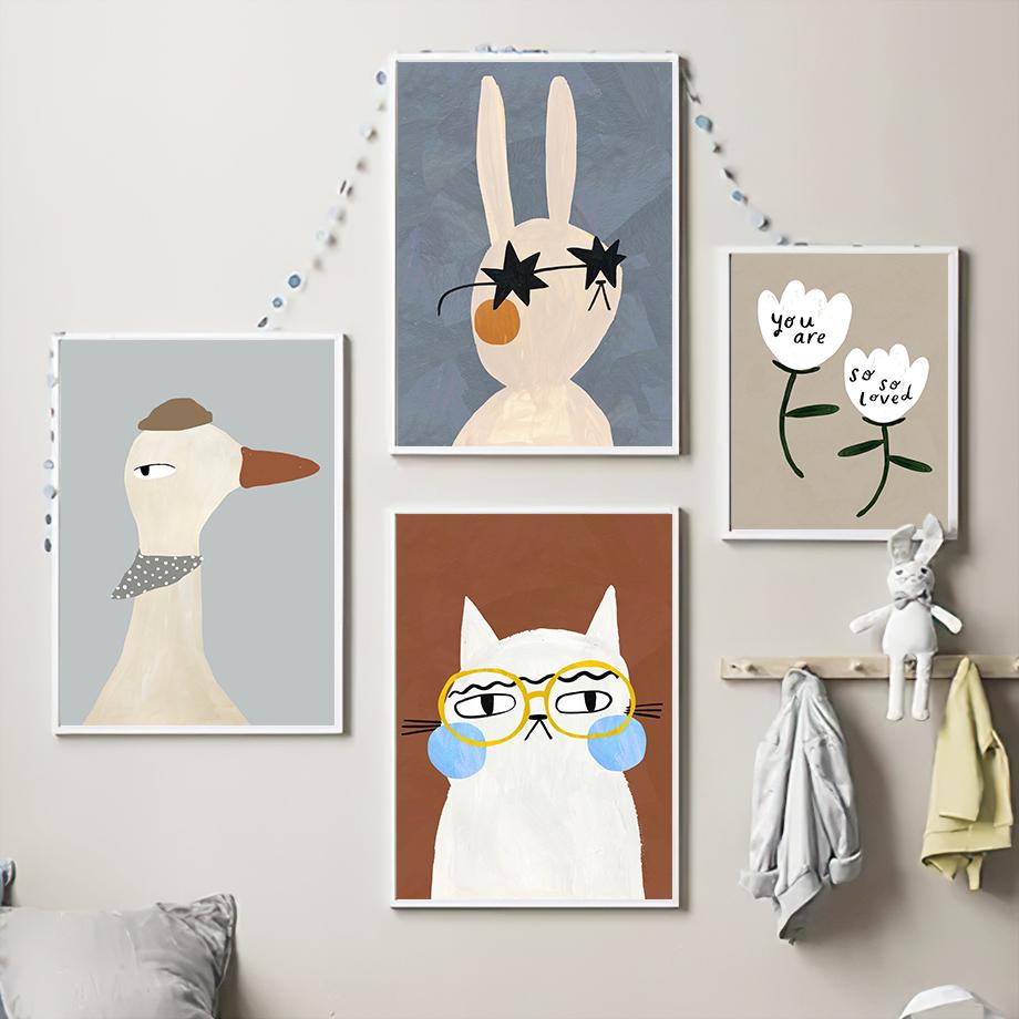 Cute Rabbit Cat Crocodile Goose Pear Nursery Wall Art Canvas Painting Boho Posters And Prints Wall Pictures Baby Kids Room Decor