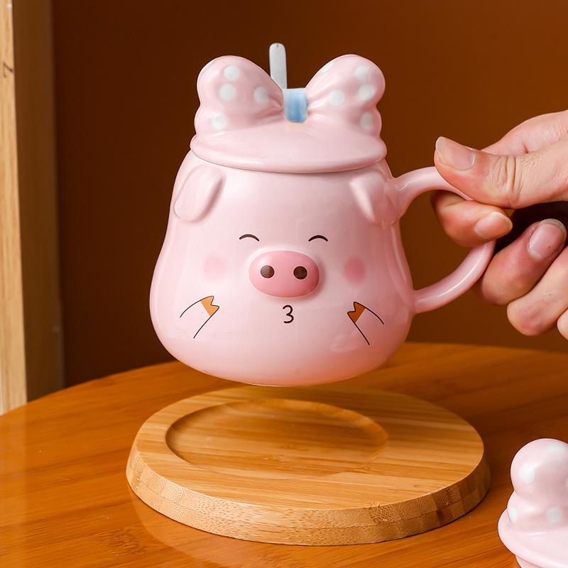 Creative Ceramic Mug Cute Pig Pink Girl Heart Cartoon Cup with Lid Spoon Water Cup Breakfast Cup Coffee Cup