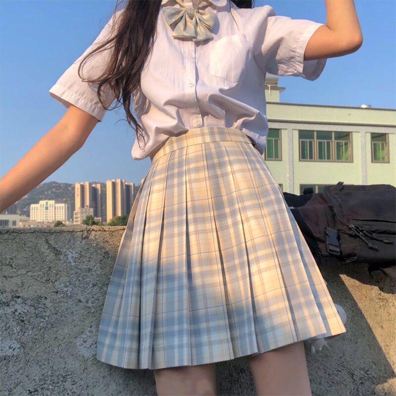 Japanese JK Sailor Suit: Teen Spring/Summer Full Set with Embroidered Shirt & Pleated Grid Skirt