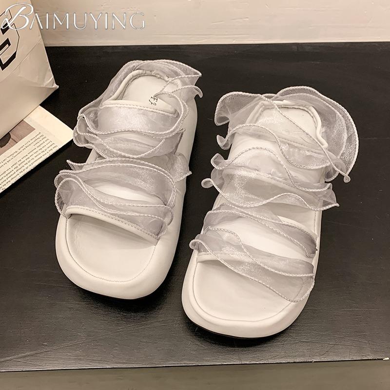Square Toe Women Slippers Lace Casual Shoes Woman Platform Flat Sandals Summer 2025 Brand Comfort Shallow Sandalias De Mujer