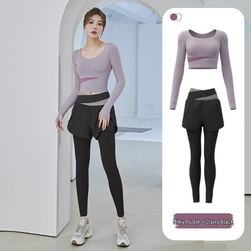 

Персиковый бесшовный комплект для йоги с цветовыми блоками: Комплект для фитнеса с длинным рукавом и ощущением «нюд» для женщин S