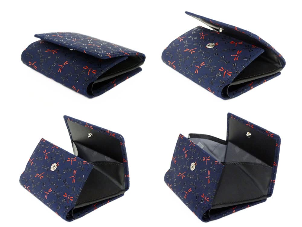 Inden Wallet Nagomi Billfold 7527 Navy Deerskin x Red and Black Lacquer Dragonfly Pattern [Inden-ya] Bi-fold