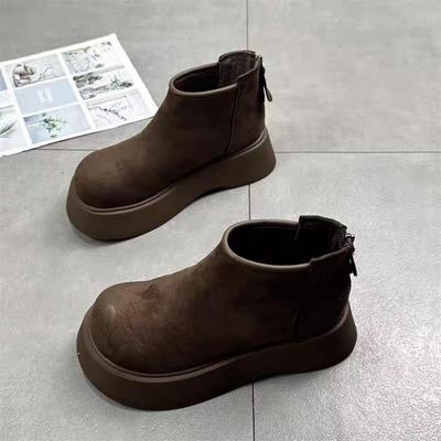Women's Thick Soled Cotton Shoes Winter New Round Head Suede Back Zipper Anti-slip Wear-resistant Short Boots