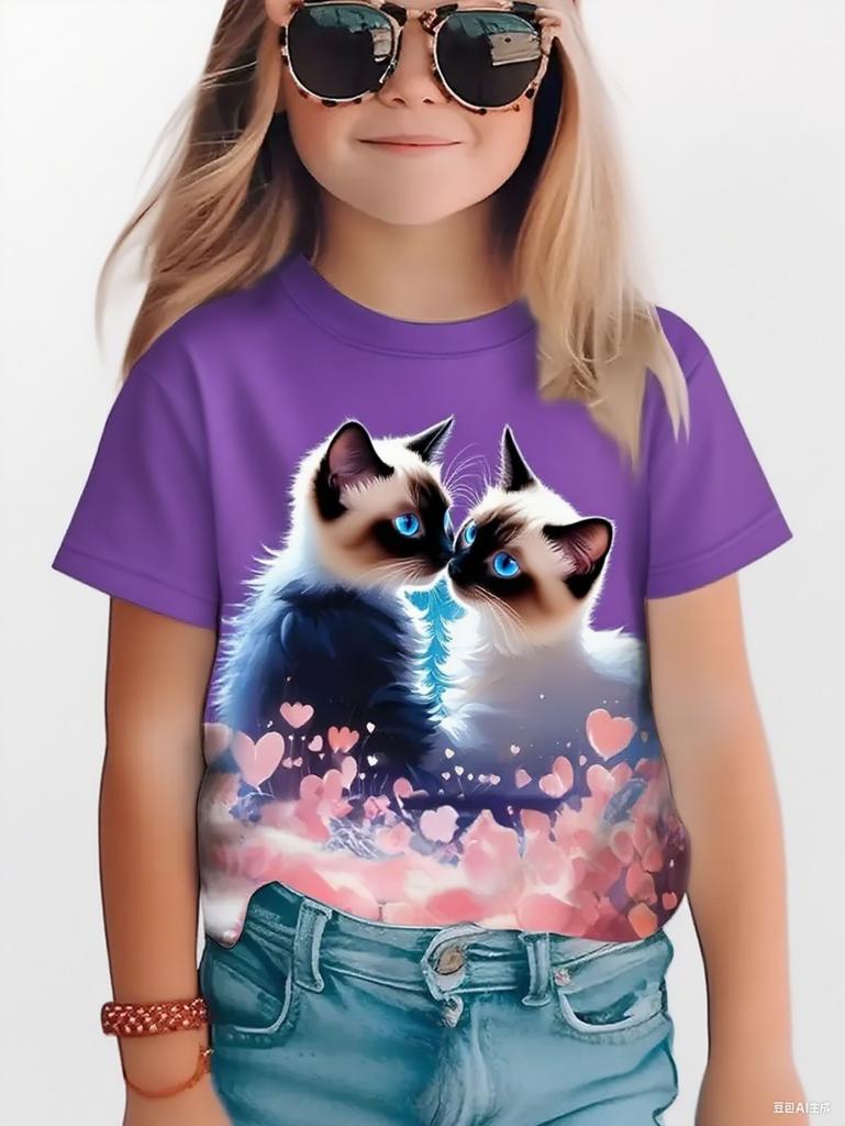 Funny Cat Girl T-Shirt Summer Cartoon Graphic Girl Short Sleeve Tee Casual Round Neck Top Animal Kids Clothing Girl Clothes