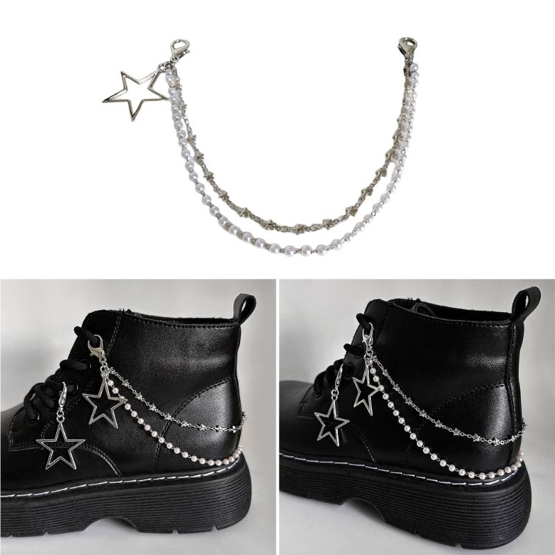 Doppellagige Schuhkette Canvas Schuhe Ketten Punk Stil Stern/Herz Perlen Schuhschnallen Schmuck Trendy Y2k Accessoires