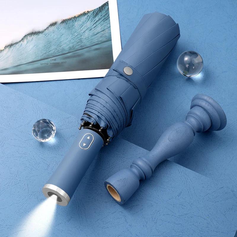 

Новый автоматический светодиодный зонт для женщин и мужчин, зонтик с защитой от ультрафиолета, ветрозащитный, прочный, 10 К, складной зонт от солнца синий