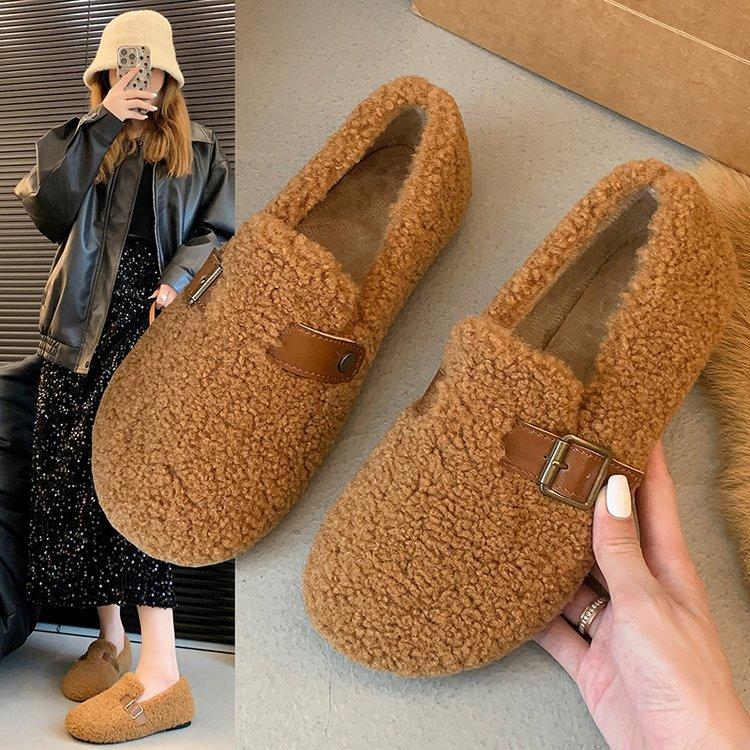 Fashion Spring Fall One Foot Stirrup Soft Bottom Furry Shoes Women Winter Outer Wear Korean Gentle Fairy Wind Soybean Shoes Padded Cotton Shoes