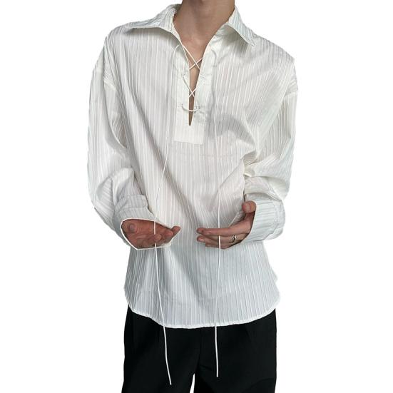 

Мужская рубашка белого цвета с длинным рукавом, лацканами, воротником на шнуровке, пуловер, вертикальные полосы, текстура, украшение, повседневная рубашка, рабочая одежда L белый