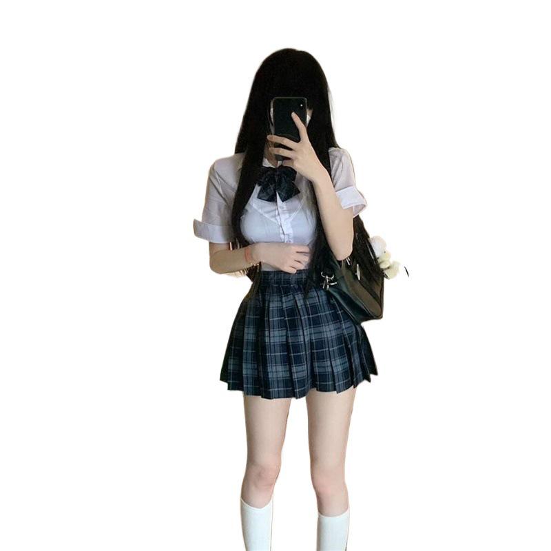 Waist-Cinching Japanese JK Uniform: Carbon Grey Pleated Skirt & Slim Fit Shirt Set