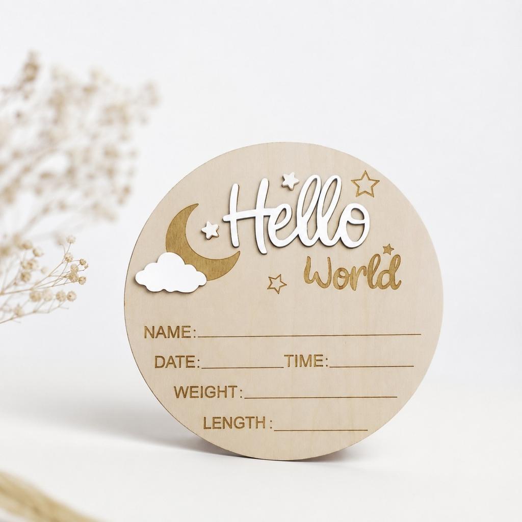 Baby Announcement Sign 5.9 Inch Wooden World Decor with Moon and Clouds for Nursery, Welcome New Baby