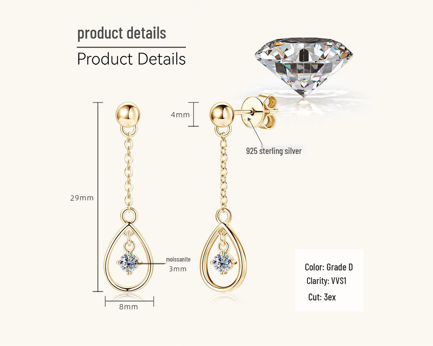 

Корейский дизайн серьги-пусеты из муассанита в форме капли: Женские модные висячие украшения из стерлингового серебра S925. 0.1 Carat + 0.1 Carat золотой