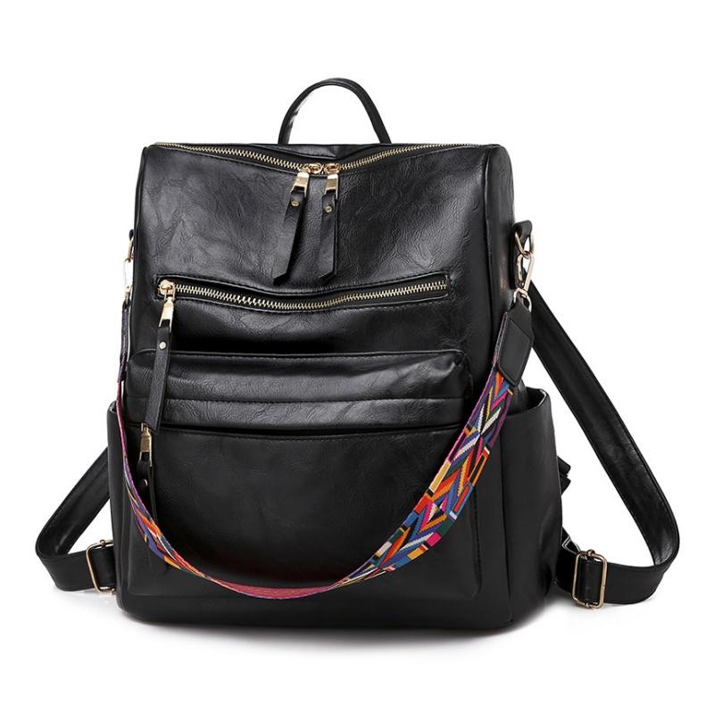 Retro High Capacity Women's Backpacks High Quality PU Leather Waterproof Ladies Shoulders Bag Fashionable Widened Shoulder Strap Girl Female Rucksacks
