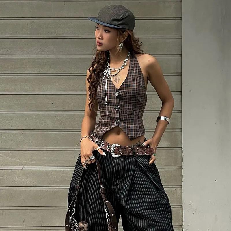 Women's Plaid Halter Vest V-neck Button Front Crop Top Vintage Y2K Streetwear