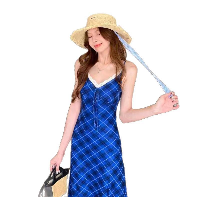 Lace Stitching Blue Plaid V-neck Suspender Dress Women's Summer Vacation Skirt Spice Girl Slim A-word Long Dress