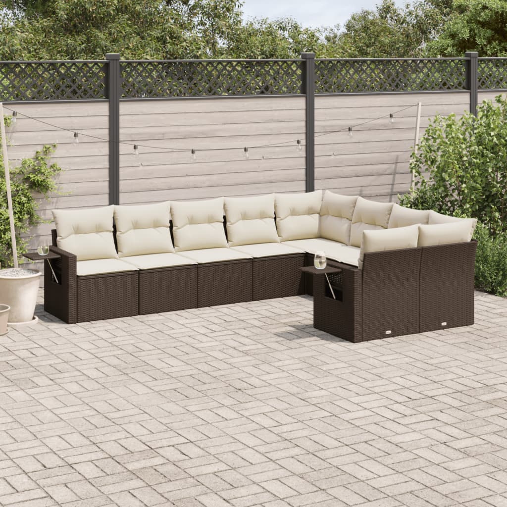 9 Piece Garden Sofa Set with Cushions Brown Poly Rattan