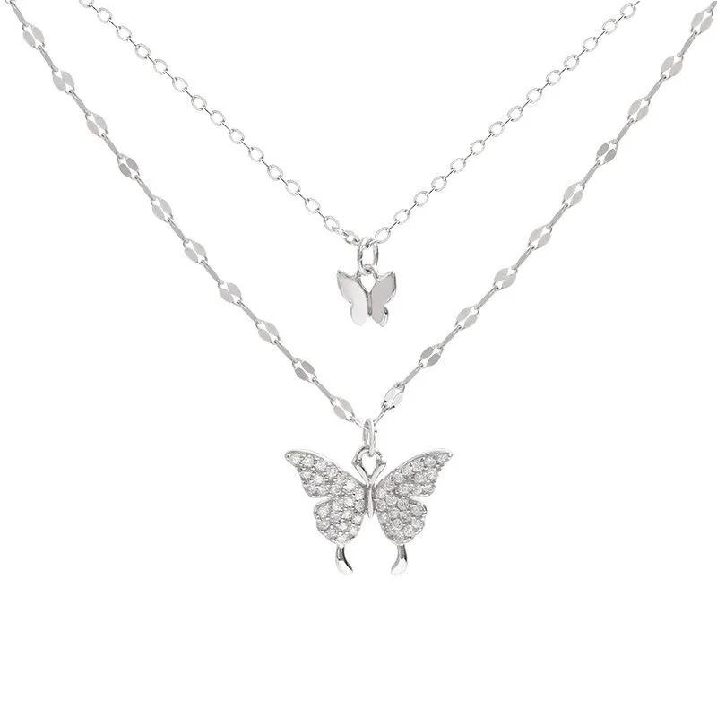 Flash diamond butterfly double-layer necklace feminine minimalist design sense niche temperament popular alloy version collarbone chain