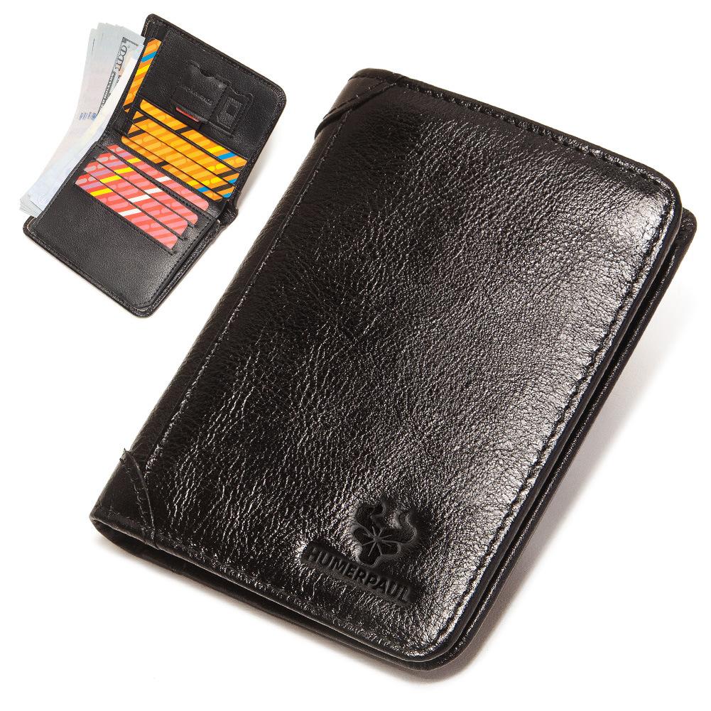 

Мужской кошелек, зернистая воловья кожа, короткий и в подарочной коробке, бумажник из натуральной кожи, ультратонкий чёрный