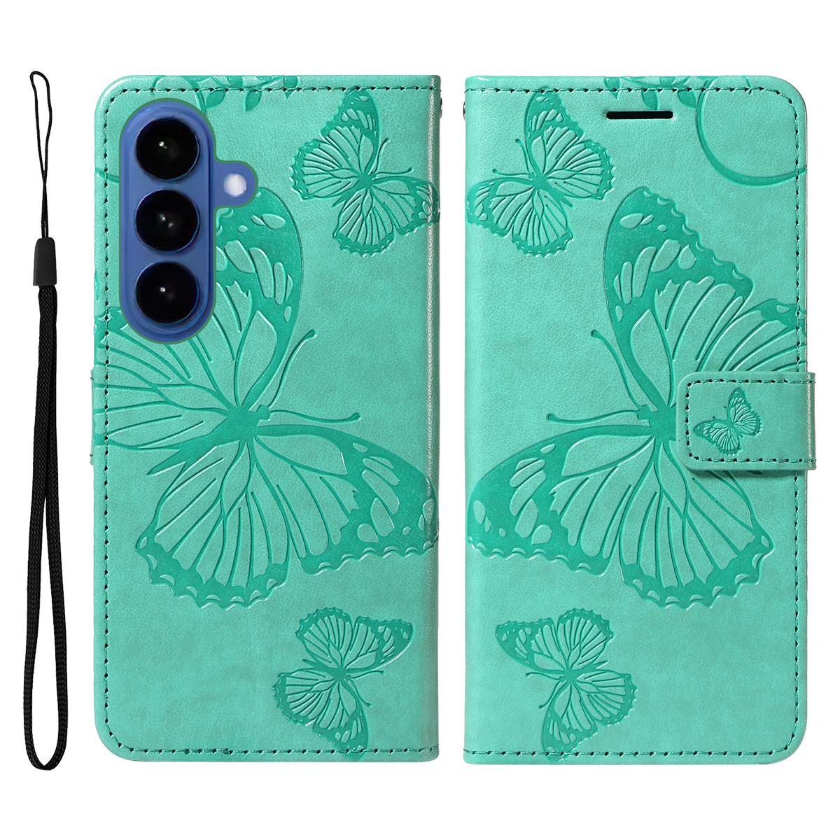 

For Samsung Galaxy S26/S26 Pro Wallet Case Floral Butterfly Imprinted Leather Phone Cover Stand - Green