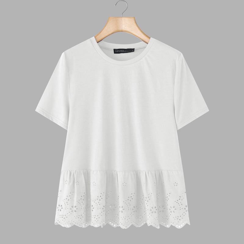 

ZANZEA Женская повседневная футболка с круглым вырезом, вязаная крючком, с коротким рукавом S белый