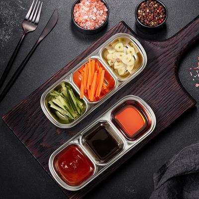 Edelstahl-Dip-Schalen Geteilte Dip-Teller 3-Fächer Dip-Schale Gewürzplatte Grillsoßen-Tablett Besteck