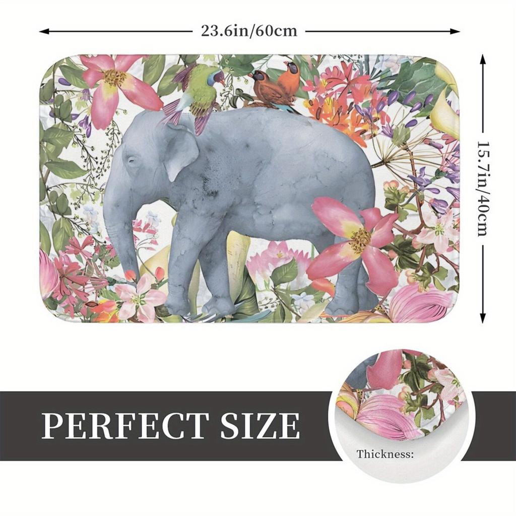 1pc Elephant Floral Jungle Plant Garden Doormat- Machine Washable, Lightweight Polyester Flannel Rectangular Mat, Suitable for B