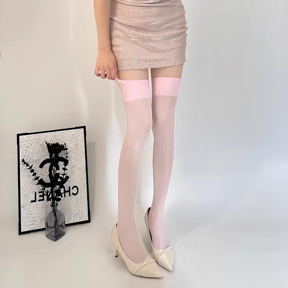 Weicher Stoff Lolita Grüne Strümpfe Breite Kante Schnitt Über das Knie Transparente Strumpfwaren Damen Süße Farbe Tägliche Partykleidung