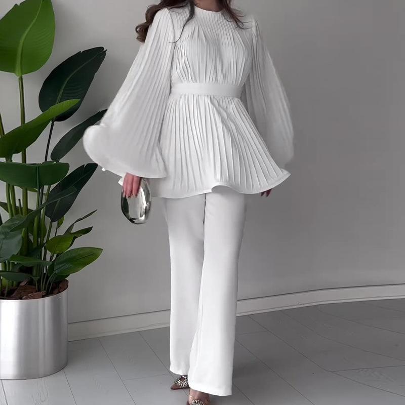 

ZANZEA Женская плиссированная блузка с длинным рукавом и брюки повседневный комплект из двух частей M белый
