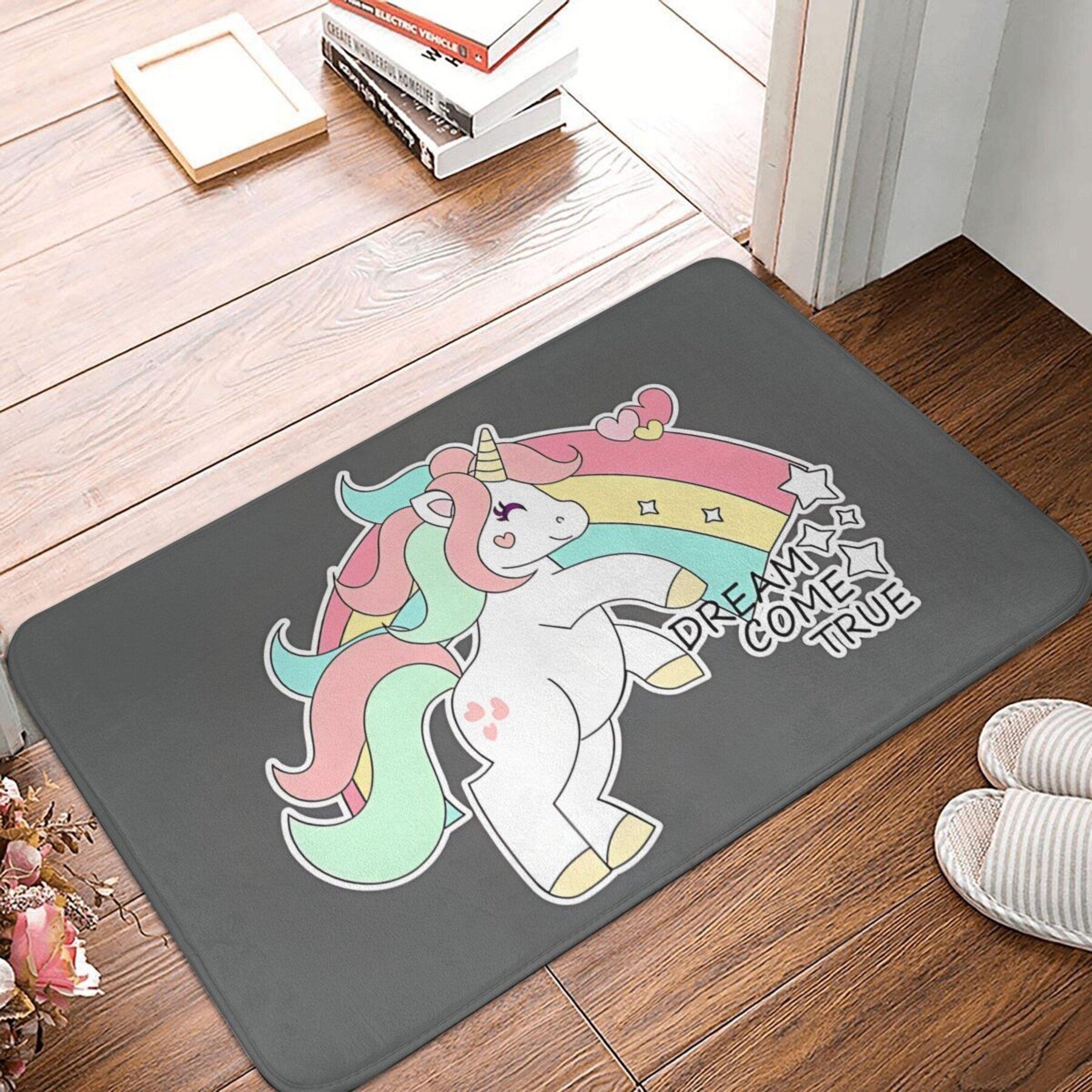 

Unicorn Rainbow Dreams Come True Doormat, Pastel Fantasy Print, Polyester Floor Rug for Entryway Living Room Decor 40x60cm