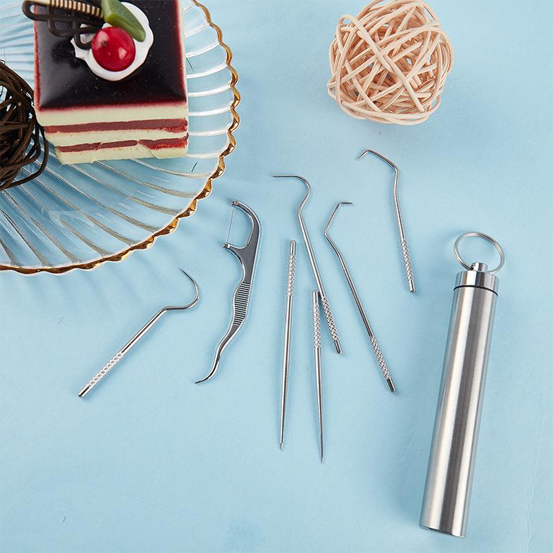 8Pc Portable Stainless Steel Metal Toothpick Bag Set Reusable For Outdoor Picnic