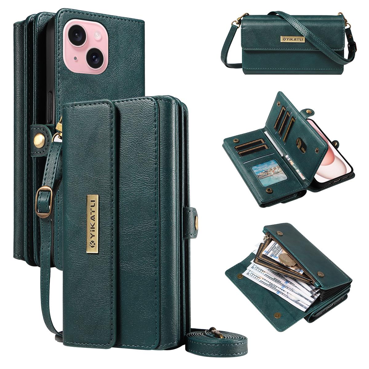

For iPhone 15 Case YIKATU YK-008 Zipper Wallet Leather Phone Cover with Shoulder Strap Green