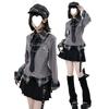Japanese Academy Plaid Patchwork Waist-Cinched Shirt + Pleated Skirt Set