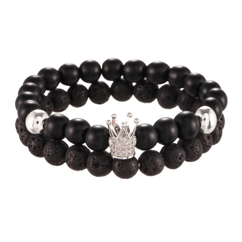 Accessories 8mm black matte lava stone micro-inlaid zircon crown two-piece set bracelet bracelet men