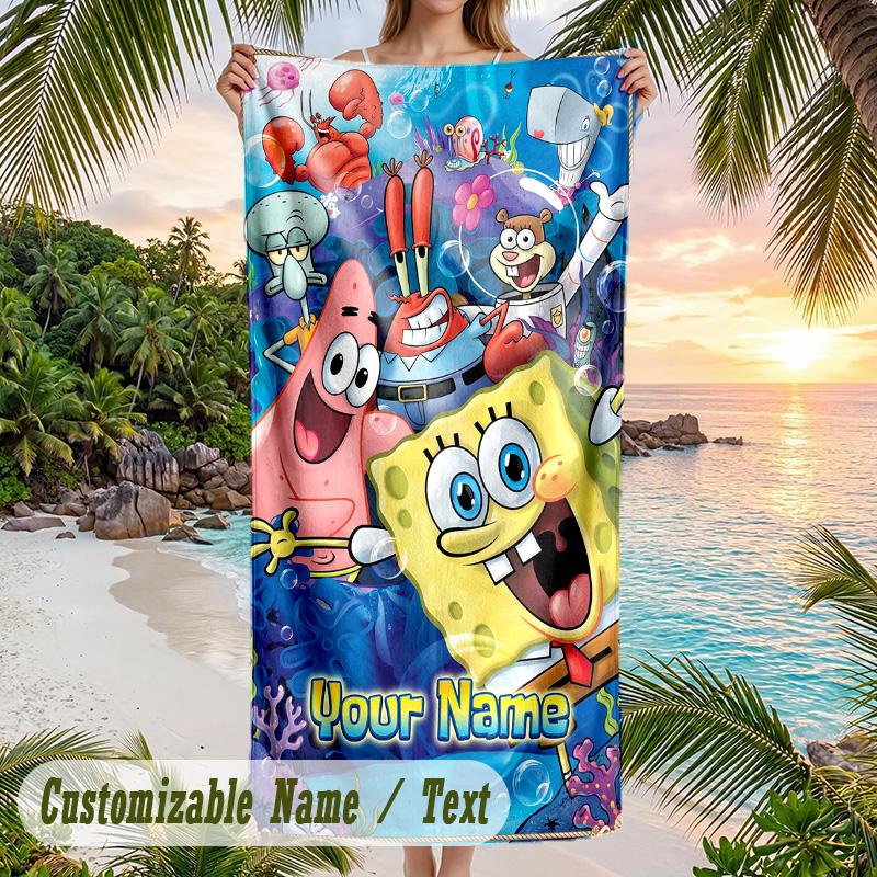 SpongeBob Beach Towel, Personalized Custom Text, Quick Dry Soft Large Towel For Swimming Pool Travel