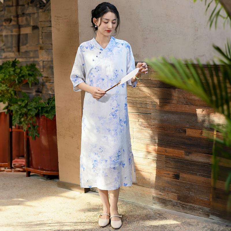 Johnature Women Vintage Print Floral Dress V-Neck Half Sleeve Button Summer Chinese Style A-Line Women Dresses