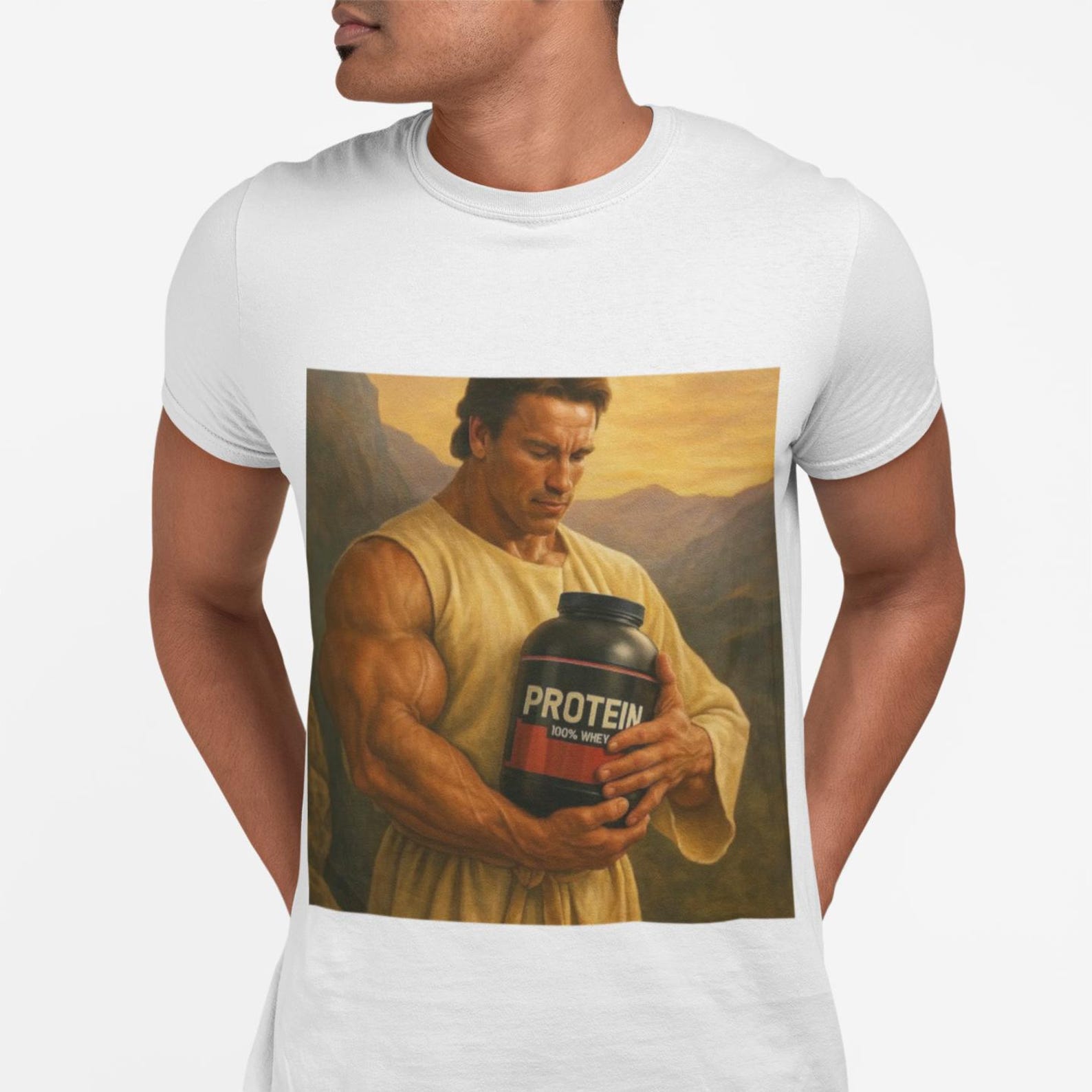 Bodybuilder Holding Protein Powder T-Shirt | Fitness Workout Tee S